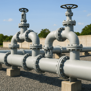 close-up view of two industrial waterpipes with turn taps on top of both